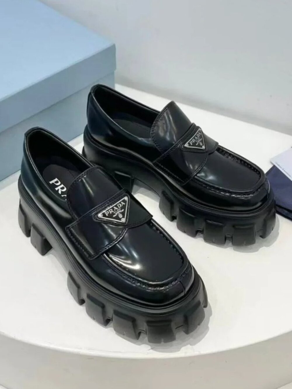 Prada Black Brushed Leather Triangle Logo Lug Sole Platform Loafers